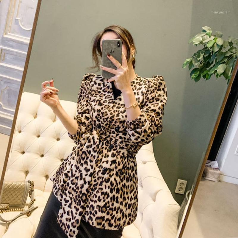 

Fashion Leopard Women Blazers Long Sleeve V-neck Lace Up Slim Waist Office Jacket Sashes Double Breasted Autumn Coats Female1, Photo color