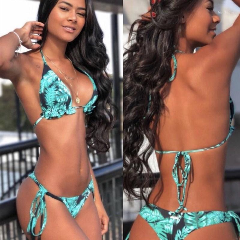 

2020 Sexy Floral Print Bikinis Striped Patchwork Swimsuit Women Bandage Bikini Set Swimwear Brazilian Beachwear New Bathing Suit1