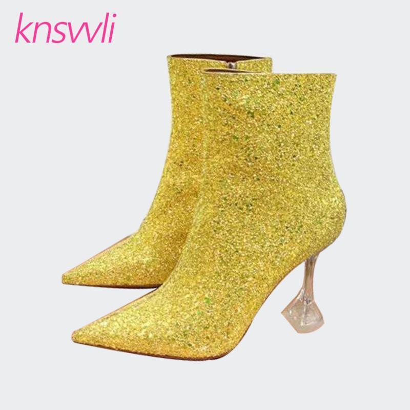 

Clear Strange Style Heels Sequins Ankle Boots Women Runway Glittering Women Shoes Designer Bling High Heels Short Boots Woman1, Silver