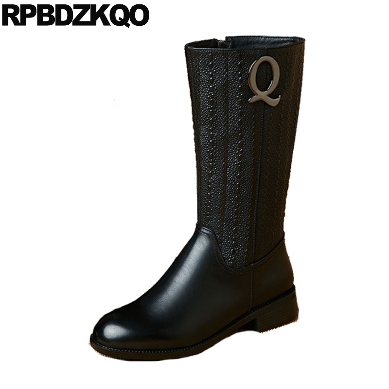 

2020 fur block brown winter embellished side zip boots women fashion chunky metal shoes mid calf genuine leather black round toe