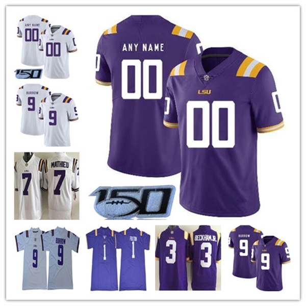 

Custom LSU Tigers 2019 Football Any Name Number White Purple 9 Joe Burrow Fournette Delpit Beckham Jr. Stingley NCAA 150th College Jersey