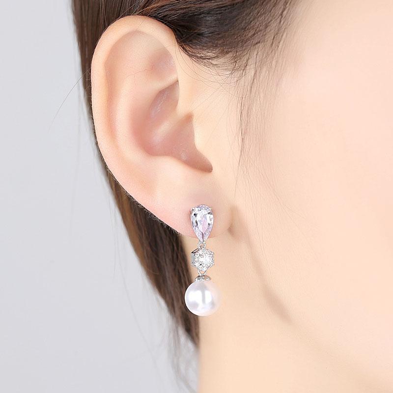 

SLBRIDAL Pave Setting Fashion CZ Crystal Ivory Pearl Bridal Earring Grade Cubic Zircon Earring Wedding Dangle Pearls