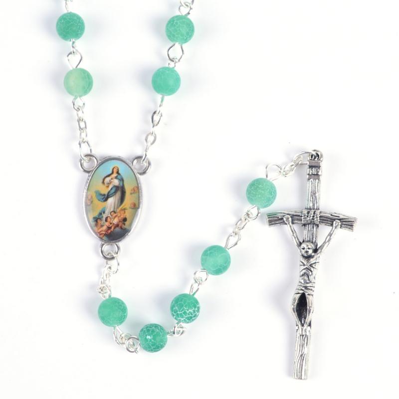 

Fashion Round Small Sized Green Natural Stone Beads Immaculate Conception Rosary Necklace