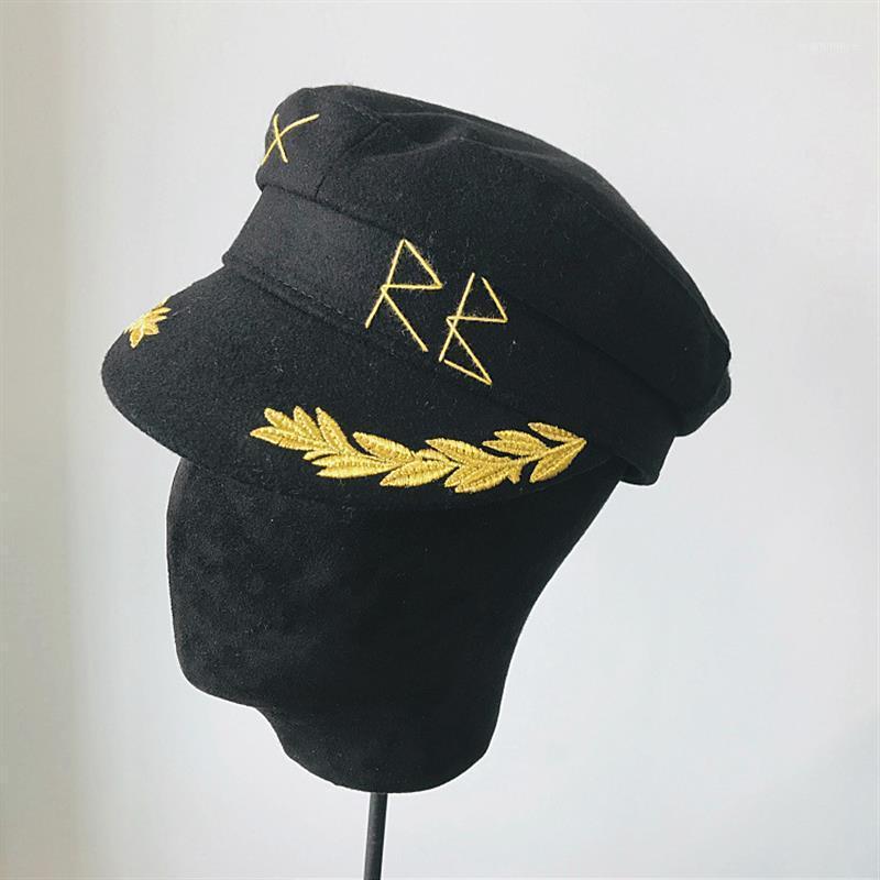 

New Autumn Warm Girls Female Beret Cap Embroidery Letter Retro Black Hat Gorros Newsboy Octagonal Cap1