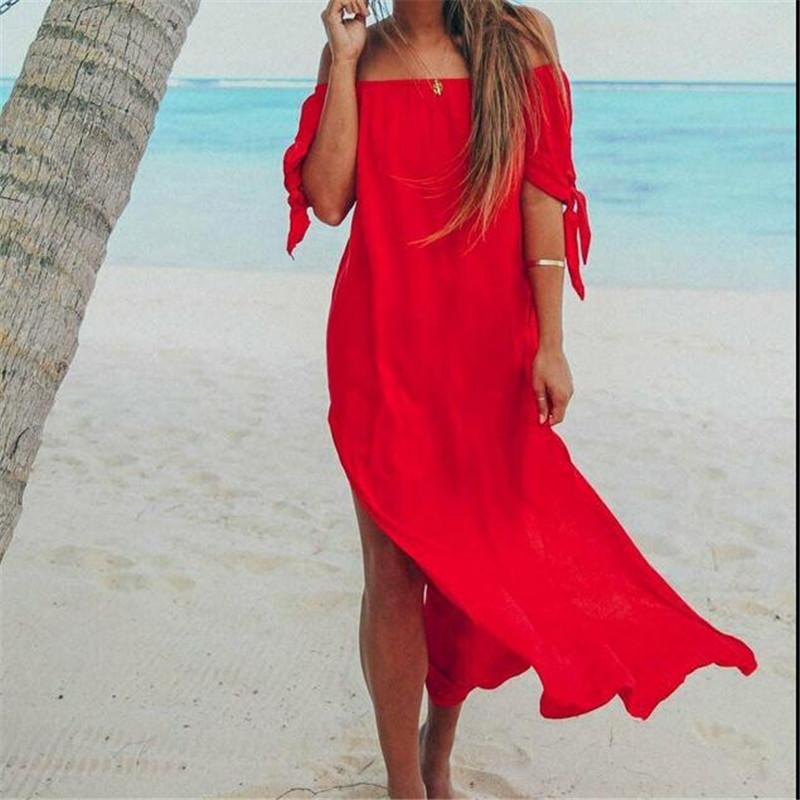 

Women Off Shoulder Bikini Cover Up Swimsuit Long Dress Short Sleeve Summer Beach Dress, Red