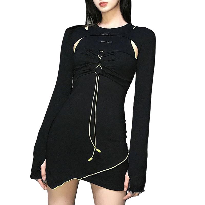 

Fashionable Women Tight One-piece Dress Long Sleeve Round Neck Cross Strap Fitted Waist Irregular Edge Skirt, As pic