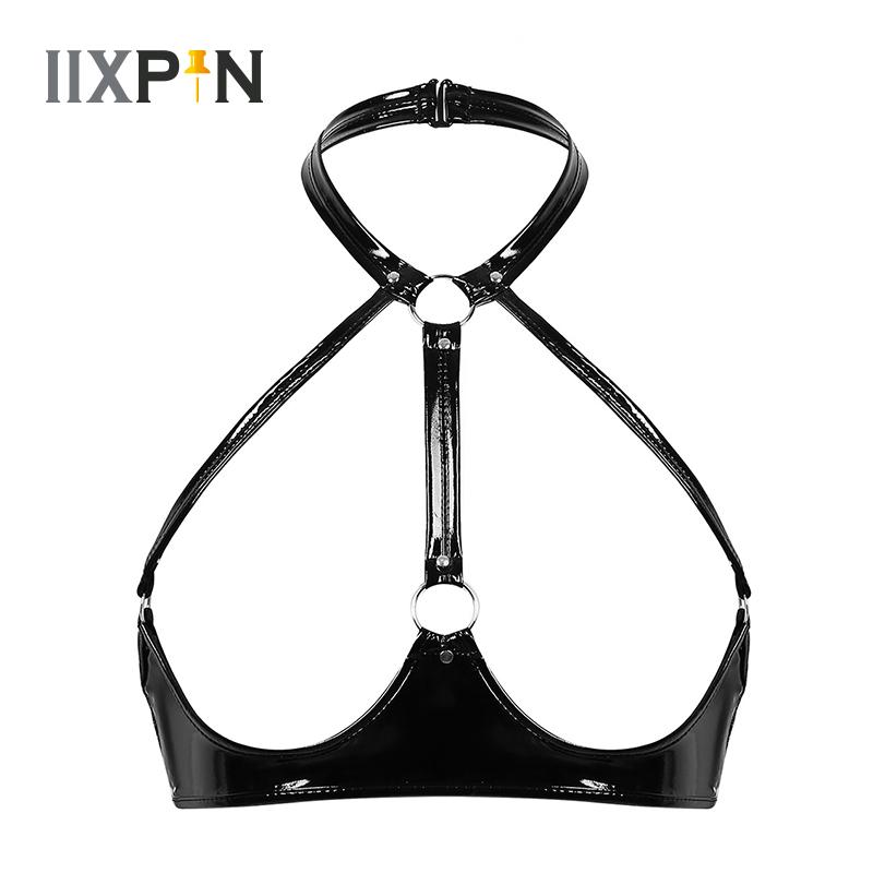 

Sexy Lingerie Women Open Cup Bra Top Wet Look Patent Leather Bralette Sexy Halter Neck Backless Open Cups Bras Erotic Lingerie, Black