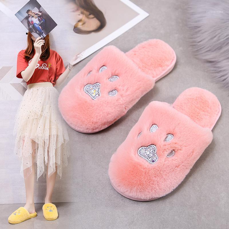 

Plush Slipper Women's 2020 New Style Indoor Anti-slip Warm CAT'S Cotton Slippers Hot Selling A- line Closed-toe Slippers1, Beige