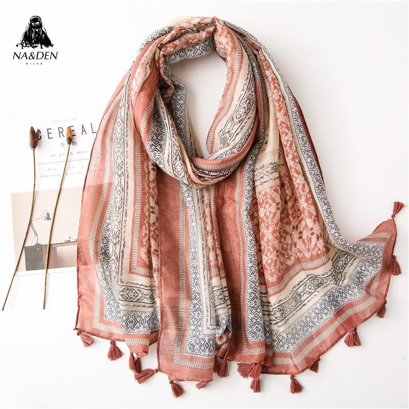 

Fashion geometry printing scarf with tassels hijab kaleidoscopic shawl soft turban new women muslim hijabs hot sale