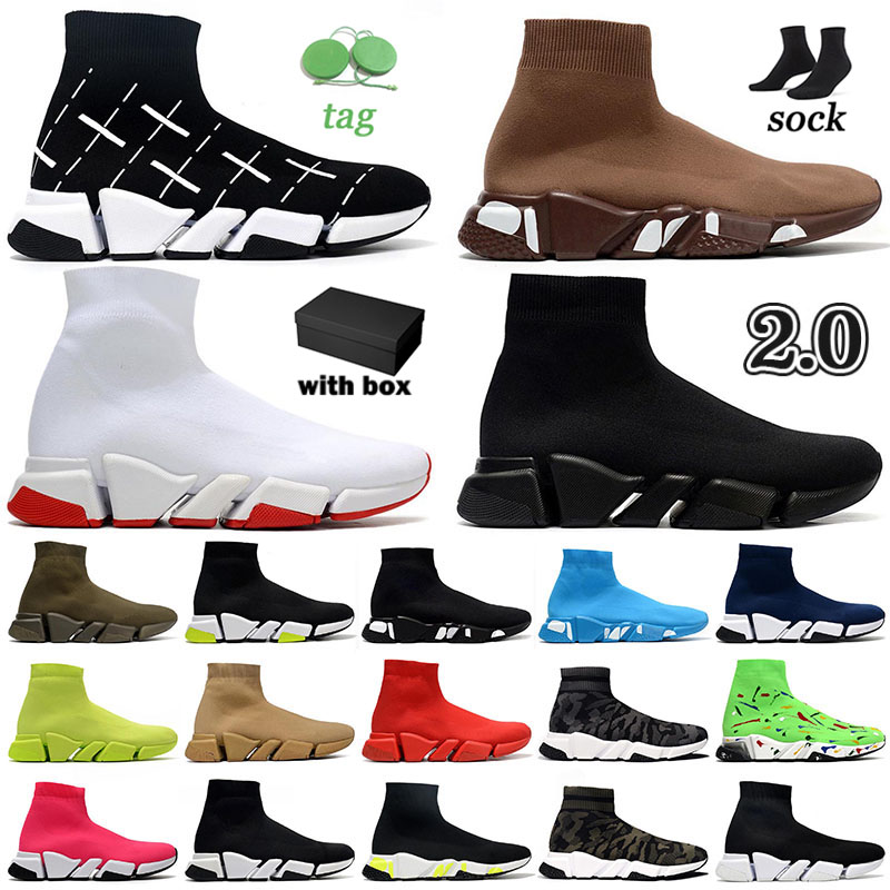 

[with box] Original Speed 2.0 mens womens socks shoes deisgner graffiti triple simple black brown nude knitting boots winter vintage beige sneaker balencaigas trainer, M09 36-40 black white pink