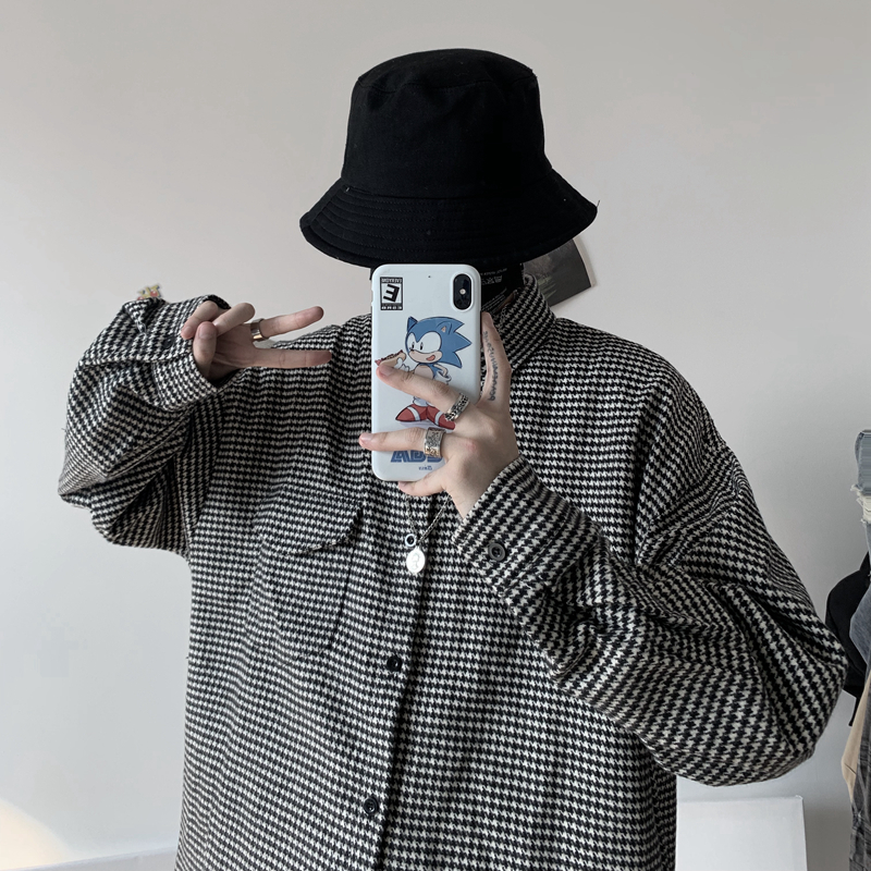 

Manly 2021 Long Spring and New Fall Retro Wool Plaid Shirt Thick Youth Men's Jacket VUUZ, Black