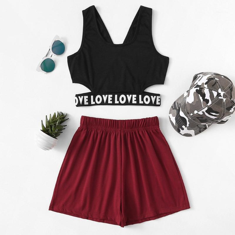 

Spring Summer Casual Smmer Letter Sleeveless Summer O-Neck Top And Mini Shorts Set Casual Suit Conjuntos De Mujer1, Black