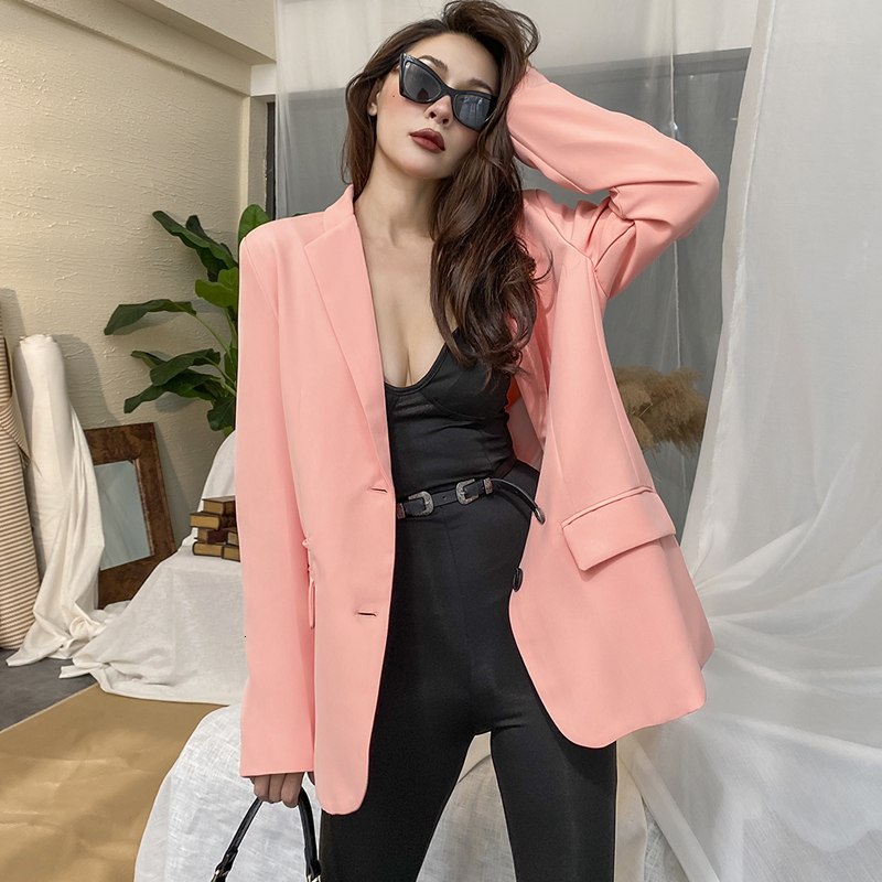 

2021 New Fall Fashion Grapefruit Color Boyfriend Blazers Unique All-match Casual Pink Jacket DEVF, Clear