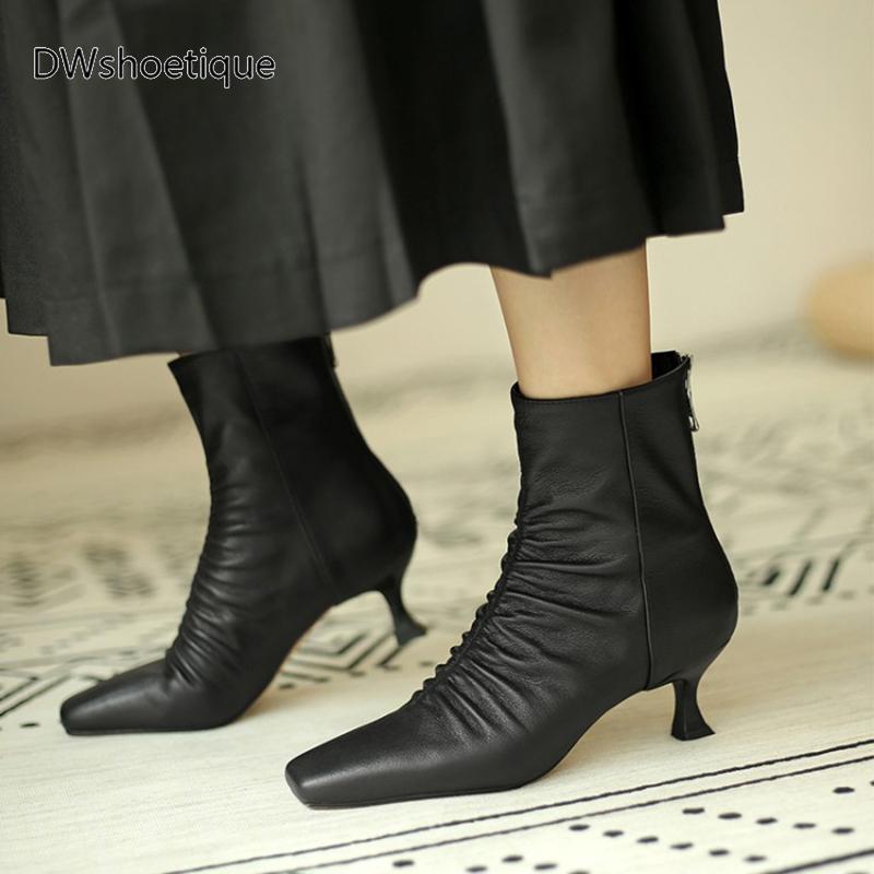 

Winter wrinkle genuine leather women ankle boots zipper square toe women booties, Beige