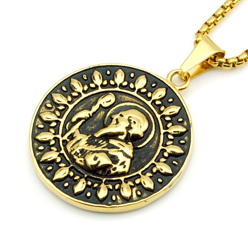 

CHIMDOU Gold Color Holy Crutches Old Man Pendant Necklace Charm Men Stainless Steel Jewelry Round Party Gift