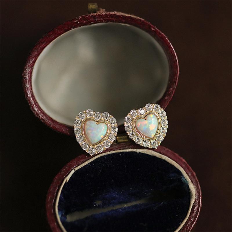 

Stud 925 Sterling Silver French Opal Stone Heart Earrings For Women Pavé Crystal Light Luxury Wedding 14k Gold Jewelry Gift