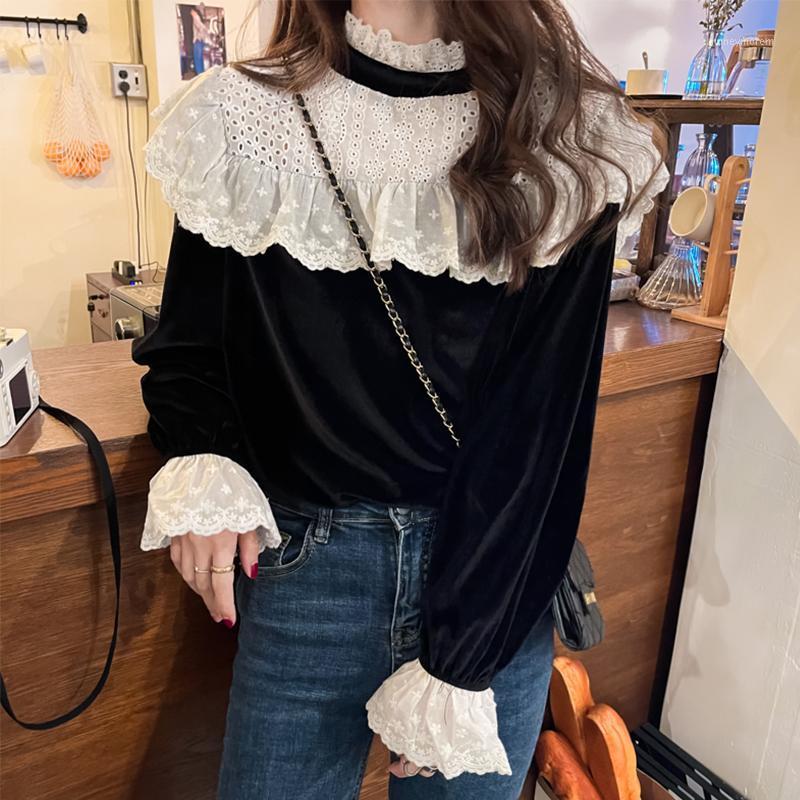 

Black Tops 2021 Cotton Chiffon Stitching Blouse Women Solid Stand Collar Ladies Lace Tops Women Shirt Kawaii Sweet Top Mujer1, Cf2012242 black