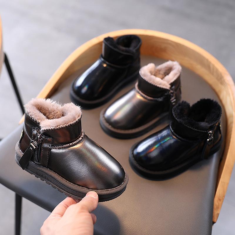 

2020 Kids Snow Boots Winter Boots For Girls Boys Baby Shiny Leather Warm Plush Winter Shoes Children Warm Cotton Shoes, Black