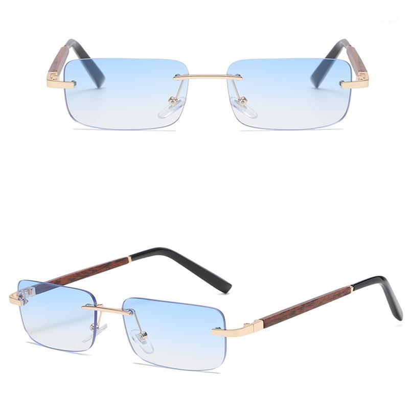 

Sunglasses Tinted Rimless Rectangular Retro Blue Brown Imitated Wood Frame Frameless Women Glasses For Men Uv4001