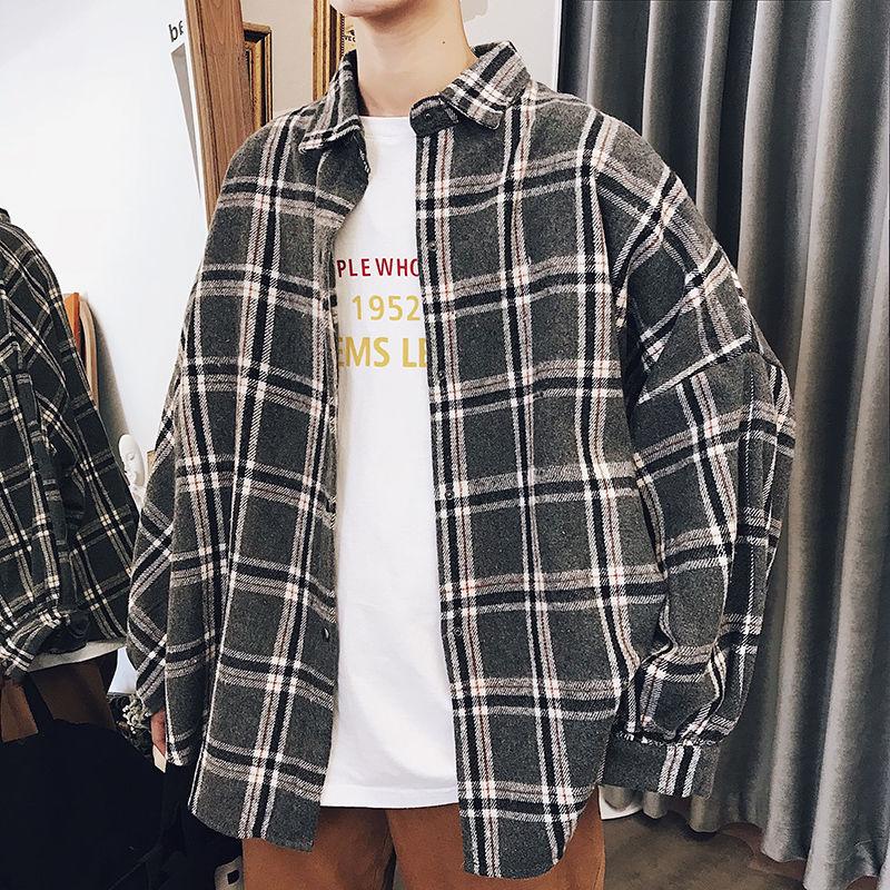 

Men' Shirts 2021 Autumn and Winter Plaid Men' Korean Style Shirts Handsome Loose Hong Kong Style Long-Sleeved, Blue