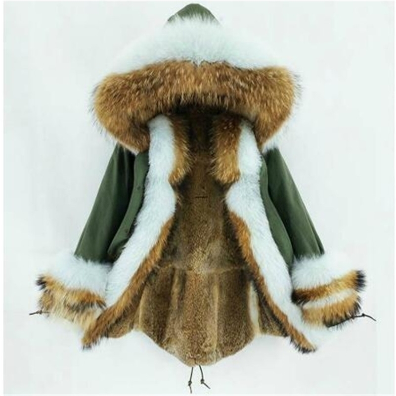 

New Women Real Coat Winter Jacket Rabbit liner Thick Warm Natural Raccoon Fox fur Collar Hood Cuffs Long Parka 201103, Beige