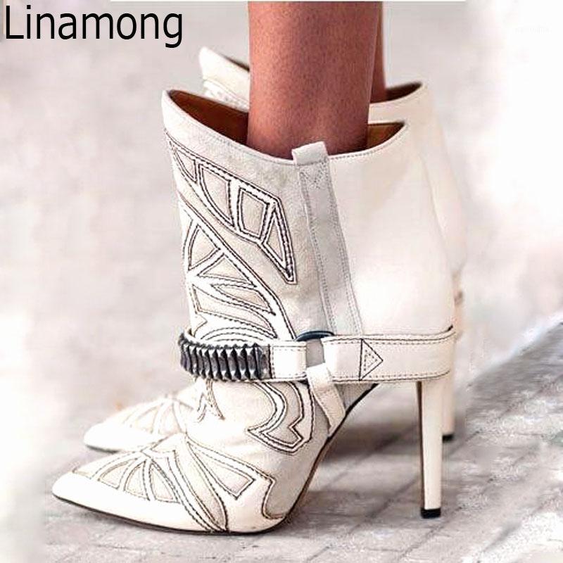 

Hot Embroidery Patchwork Suede Leather Pointed Toe Ankle Boots Metal Belt Buckled Stilettos Lady Short Boots High Heels1, Color 4