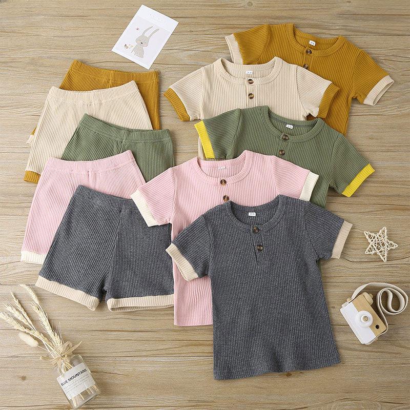 

2021 New Kids Children Baby Girls Boys Summer Ribbed Solid Clothes Sets Short Sleeve T Shirt Tops + Shorts 2pcs Baby Outfits, Hp20923a set4