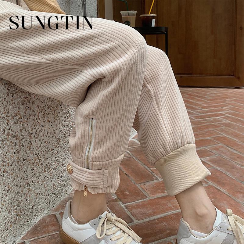 

Sungtin Vintage Split Harem Corduroy Pants Female Khaki Loose Korean Fashion Women Black Casual Orduroy Trousers Zip Button Chic