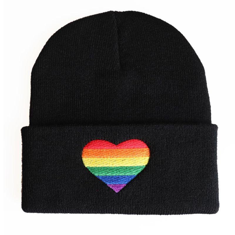 

Women Men Unisex Rainbow Heart Embroidery Knitted Hat Winter Autumn Pride LGBT Outoodr Hip Hop Cuffed Beanies Skull Cap