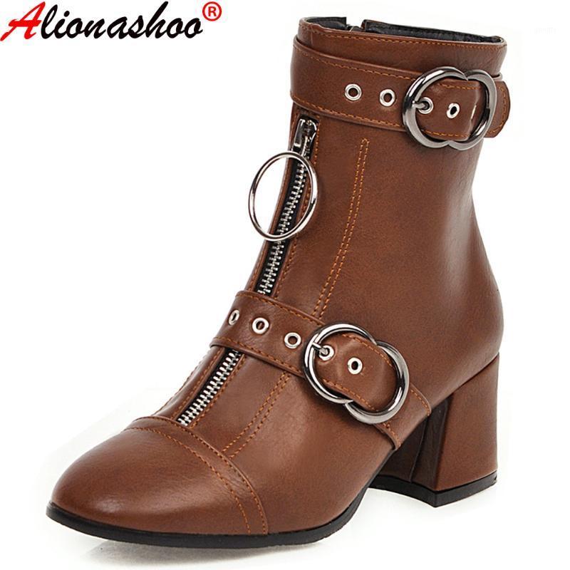 

Boots Women Buckle Motorcycle Shoes Women Short Punk Boots Square Heels Square Toe Ankle All Match Breathable Large Size 14 481, Black