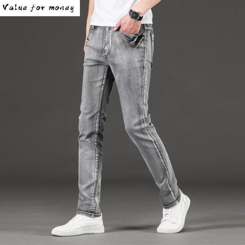 

Summer Men Jeans Strech Business Casual Straight Slim Fit Jeans Light Grey Denim Pants Trousers Classic Cowboys, 312 gray