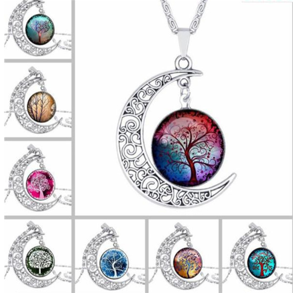 

New silver Fashion Vintage Tree of Life Necklaces for Moon Gemstone Women Pendant Necklaces Hollow Carved 8 Mix Jewelry Styles