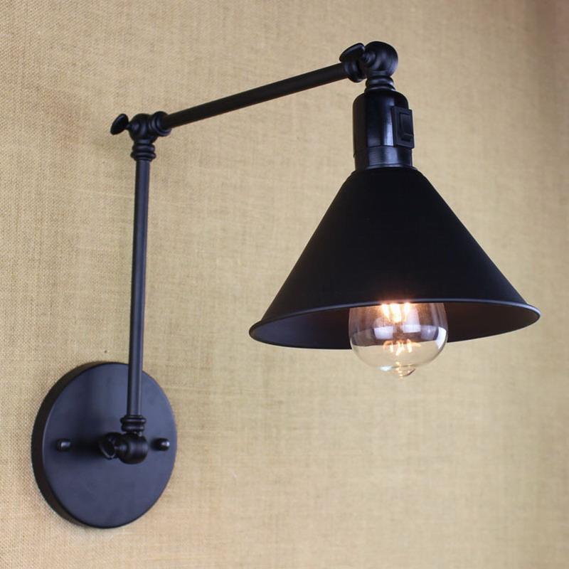 

Vintage black retro industrial metal shade with switch wall lamp with long swing arm E27 for workroom bedside bedroom sconce