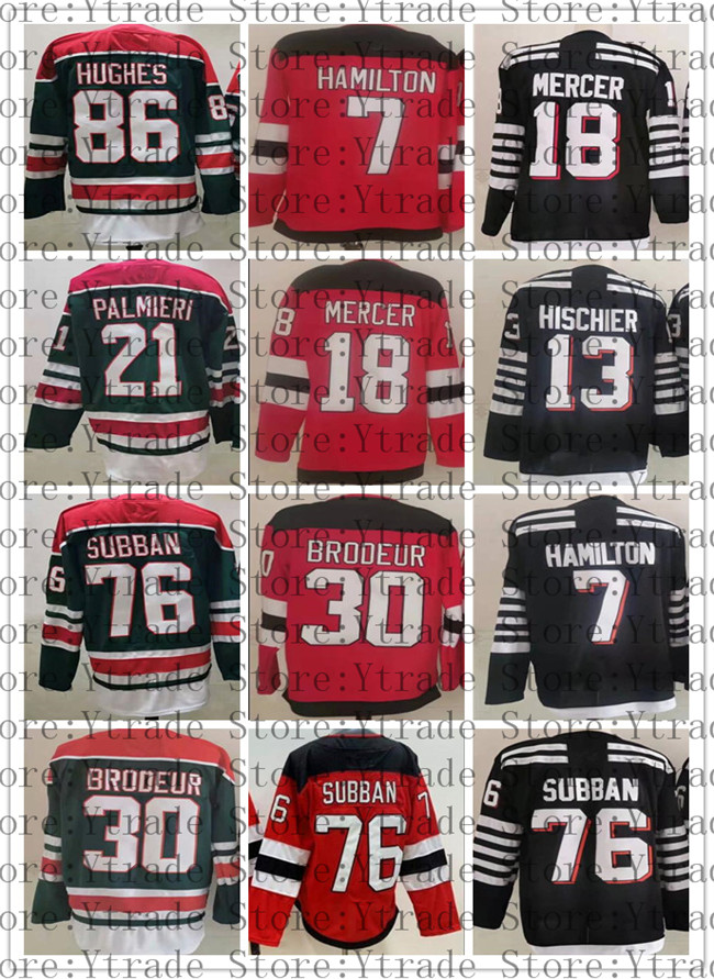 

Mans 2022 Alternate Black Hockey 13 Nico Hischier Jersey 86 Jack Hughes 7 Dougie Hamilton 30 Martin Brodeur 76 PK Subban 18 Dawson Mercer Reverse Retro Green Red, White