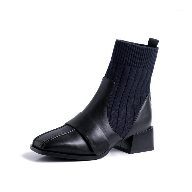 

LMYOM Brand Women's Shoes Genuine Leather Shoes For Women Short Boots Thick Heel Stretch Knit Socks Boots Mid Heel1, 1 velvet lining