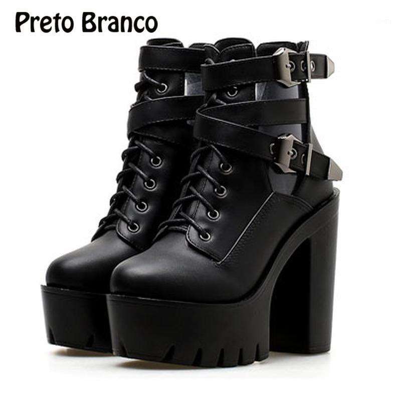 

PRETO BRANCO New Super High Heels Ankle Boots Real Shot Spot Thick With Belt Buckle Ankle Boots Platform women -518-11, Black
