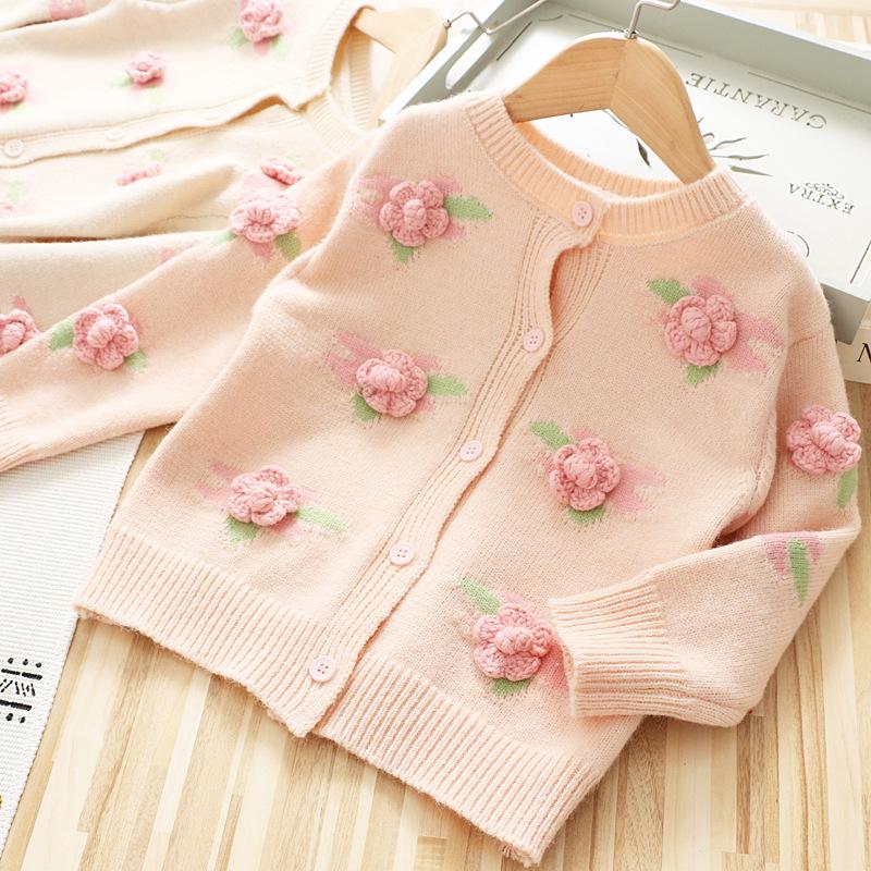 

Children's T-shirt Girls' Three Dimensional Flower Cardigan In Spring 2021, Beige