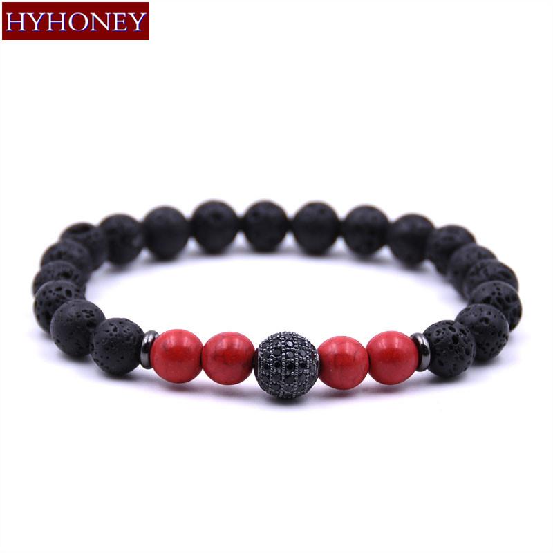

Charm Bracelets HYHONEY Micro Pave CZ Disco Ball 8mm Lava Natural Stone Red Beads For Women Strand Bracelet Men Energy Jewelry