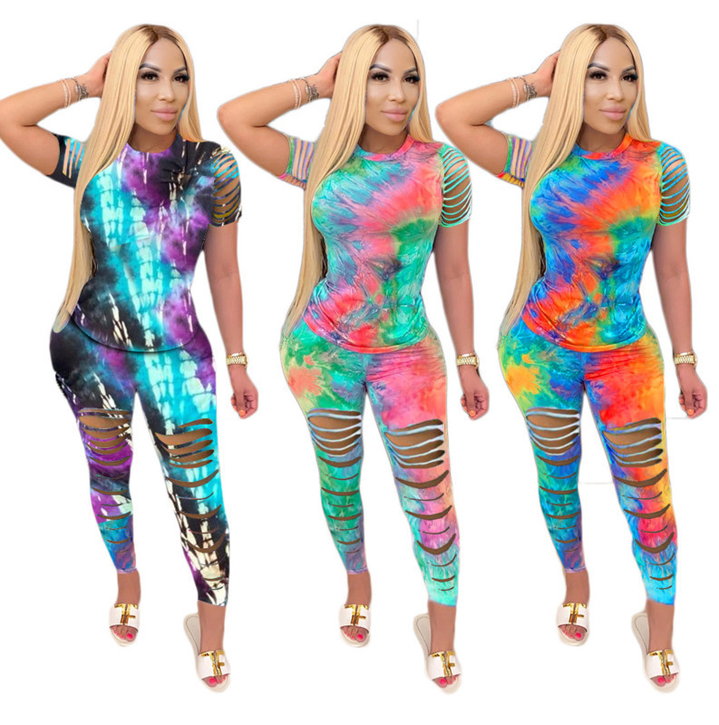 

Women Tie Dyed Flower Two-piece Set Hollow Print T Shirt Trousers Suit Plus Size Long Pants Ladies Casual Wear 825, Purple