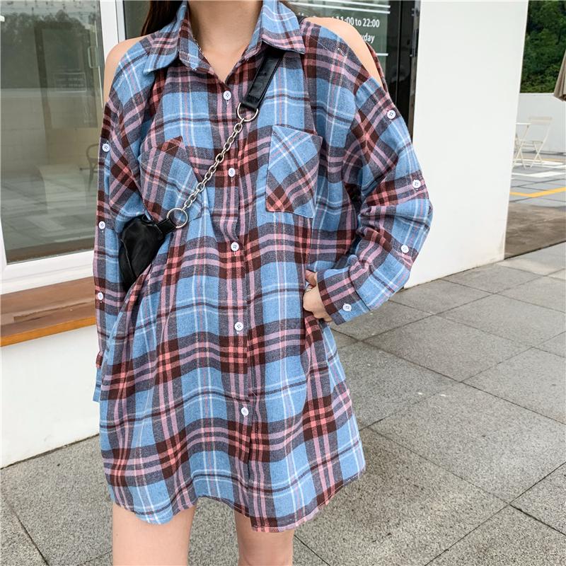 

Autumn and winter ladies plaid strapless long-sleeved shirt shirt retro loose mid-length plaid strapless, Blue