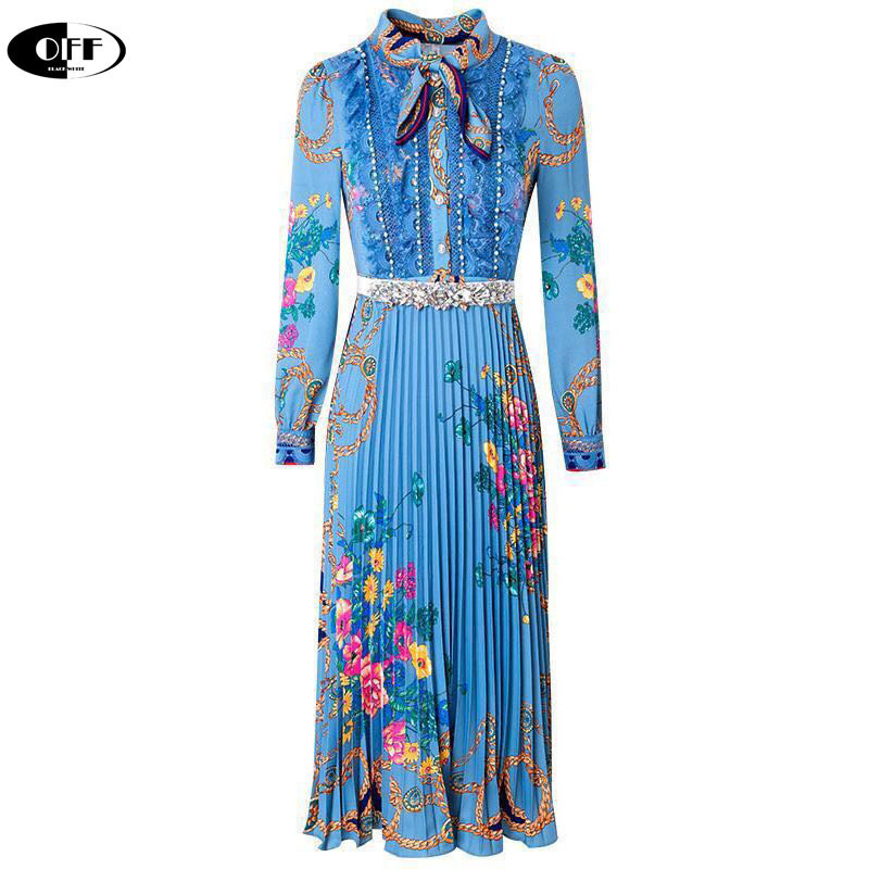 

Runway Designer woman Midi dress Autumn Women's elegant Long sleeve Bow collar Lace Pearl Print Vintage Pleated party Dresses 201204, Long sleeve pink