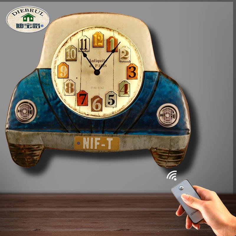 

American Style Shabby Chic Wall Small Metal Decoration Car Design Vintage Wall Clock LED Light Home Decoration Gift