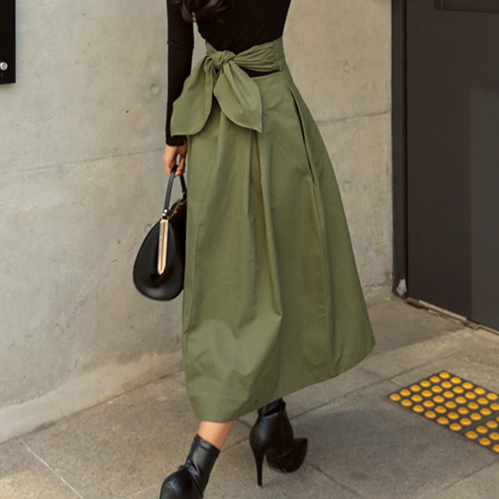 

2021 New Green Linen Skirt Women Fashion Korean Office Ladies Elegant Causal Plain Bow Long Maxi Vintage a Line Skirts 6DU0, Army green