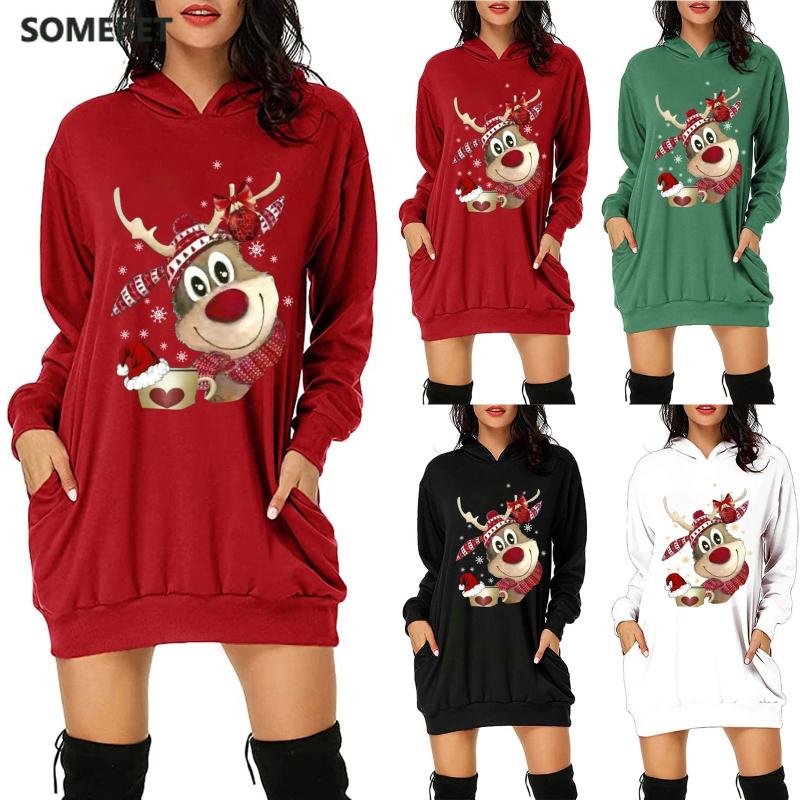 

40# Women Autumn Winter Sweatshirt Dress Christmas Hoodie Bag Hip Pocket Print Hoodie Dress Vestidos Plus Size Long Sleeve
