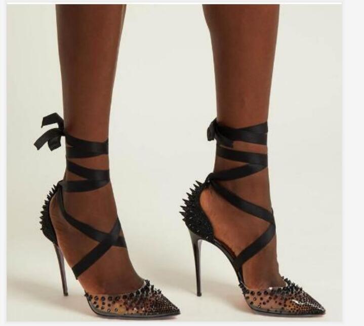 

Hot Sale-Newest Red Bottom High heels PVC crystal bling Pointed toe Wedding Party Shoes Black Lace up Slingback Women Pumps Full Original, As picture