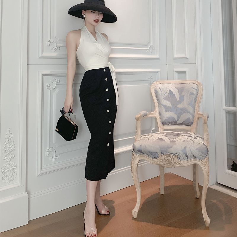 

2021 New Vintage Palais Origonal Summer Elegant Black High Waist Long Skirt All-match Mid-calf Pencil Women's Skirts IUM7