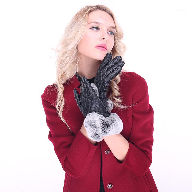

Fingerless Gloves Women's Warm Sheepskin Rex Fur Leather1