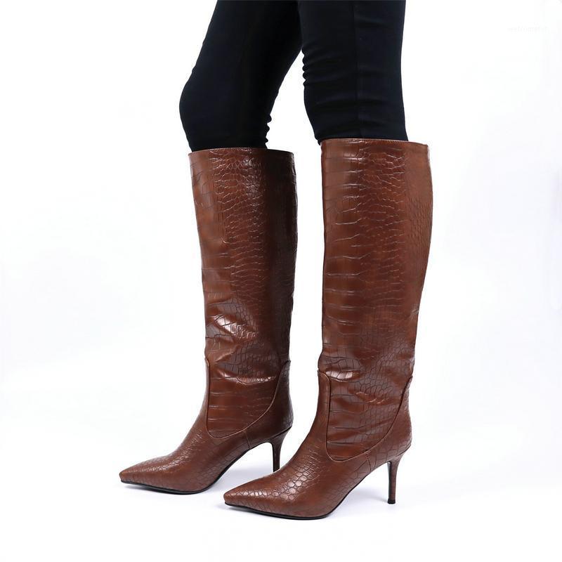 

Brand Women Shoes Fine-rooted Pointed Toe Knee Boots Crocodile Pattern Faux Leather Winter Ladies Boots Black Brown Blue1