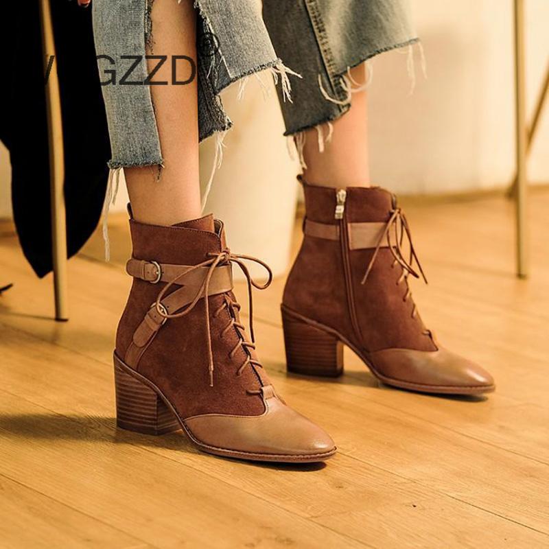

motorcycle boots women's winter shoes sheep leather cow suede career belt buckle keep warm mid-calf boots mujer, Black