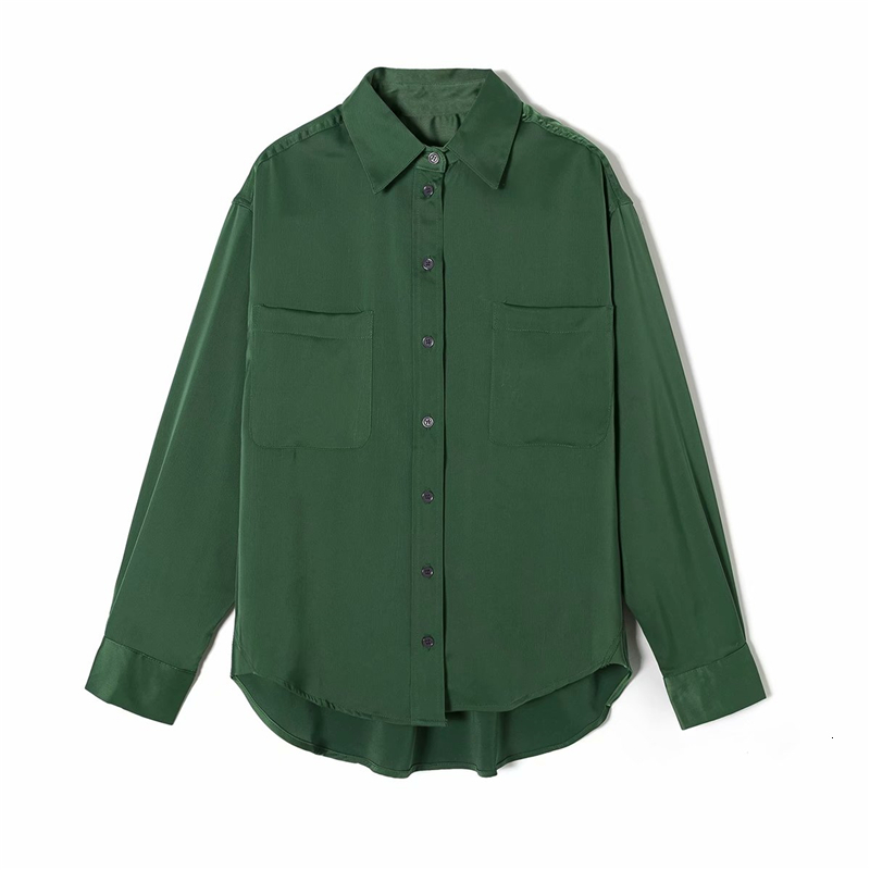 

2021 New Elegant Women Solid Green Satin Shirts Fashion Ladies Pocket Loose Tops Streetwear Female Chic Turn Down Collar Blouse Wfoc